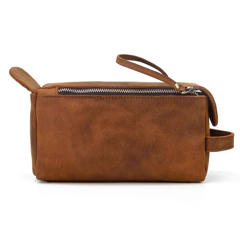 Handmade brown leather Dado dopp kit and travel toiletry bag with front pocket — view 3