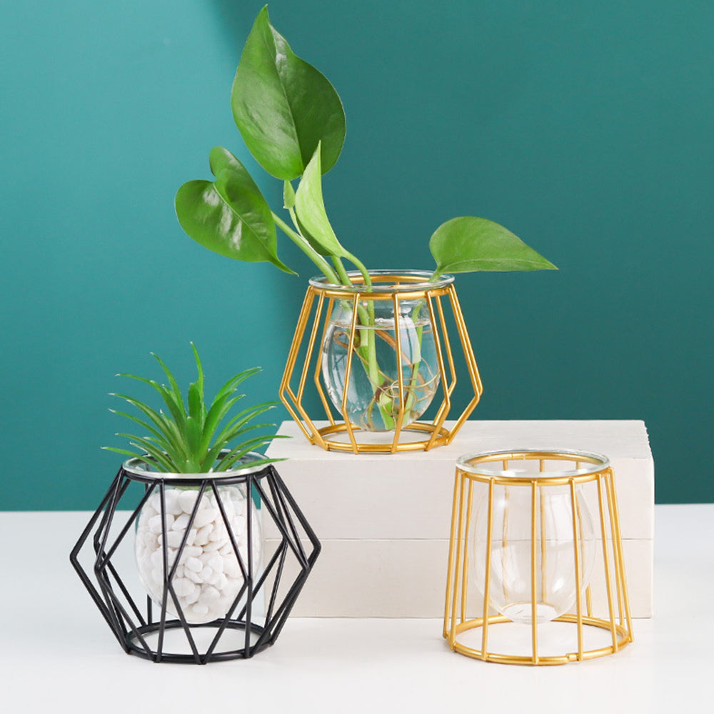 Nordic hydroponic vase with geometric black metal stand and clear glass plant bottle — view 3
