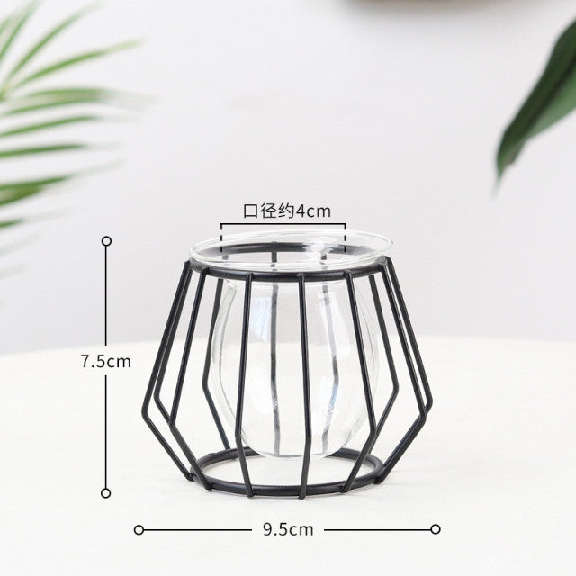 Nordic hydroponic vase with geometric black metal stand and clear glass plant bottle — view 4