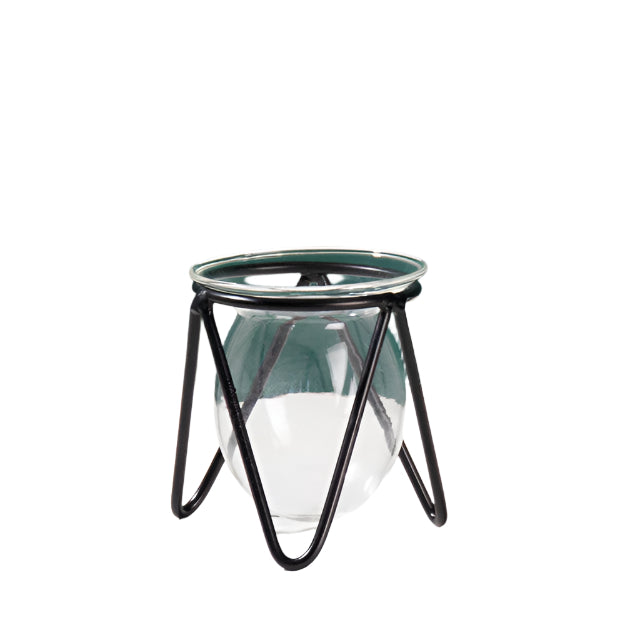 Nordic hydroponic vase with geometric black metal stand and clear glass plant bottle