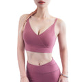 Seamless V-neck sports bra crop top in solid nylon fabric with wide fixed shoulder straps