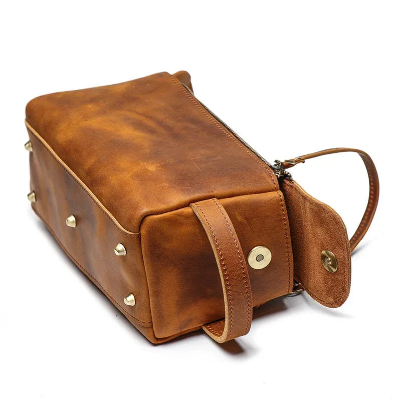 Handmade brown leather Dado dopp kit and travel toiletry bag with front pocket — view 5