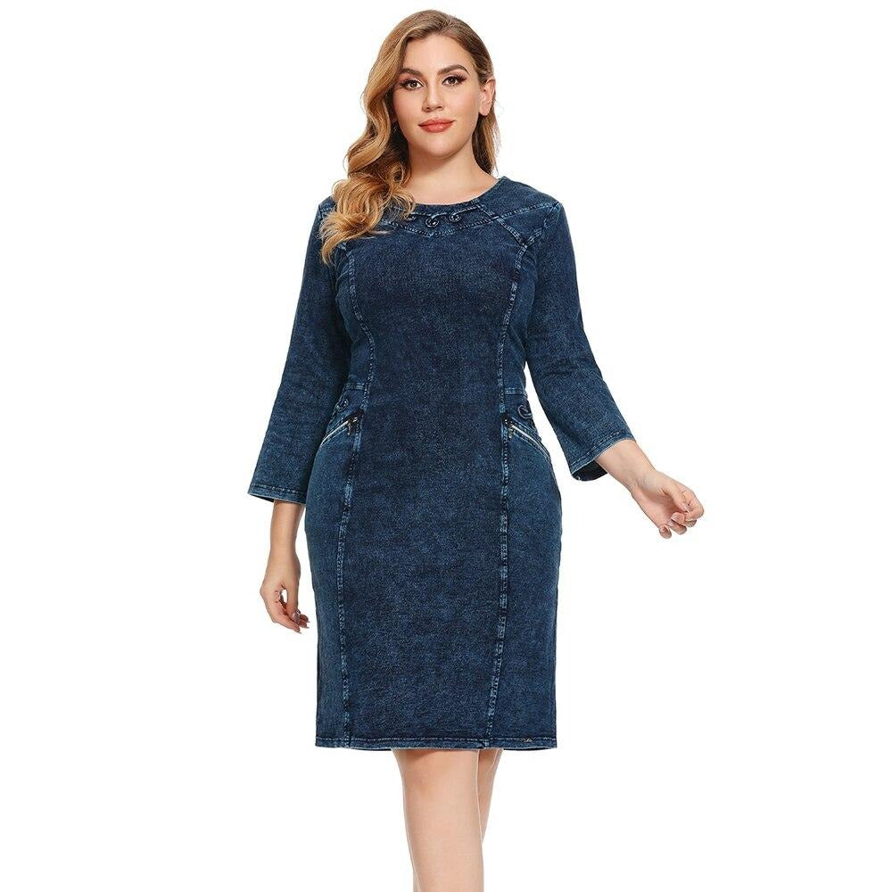 Women's plus size slim fit knee-length knitted denim dress with three-quarter sleeves and O-neckline — view 3