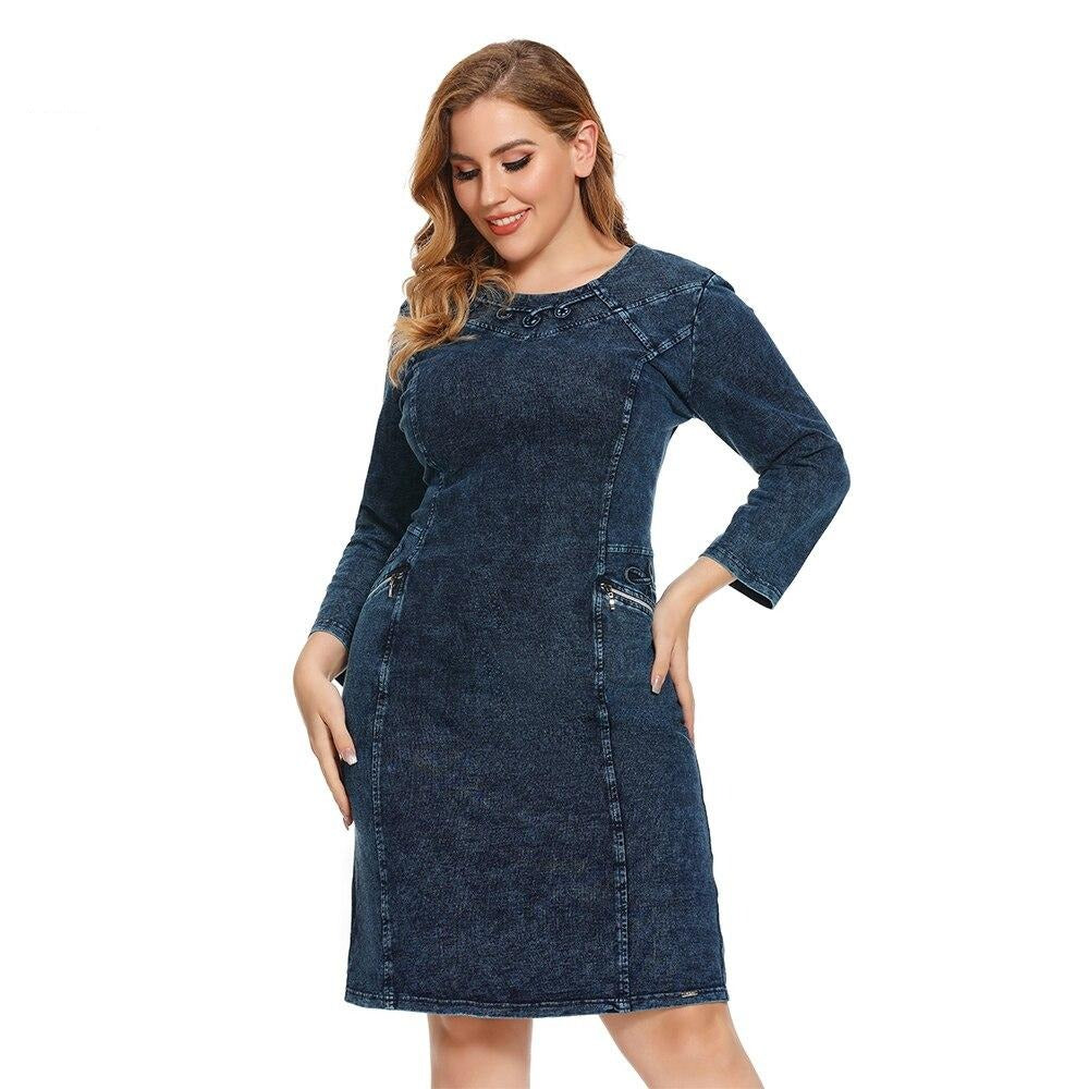 Women's plus size slim fit knee-length knitted denim dress with three-quarter sleeves and O-neckline — view 4