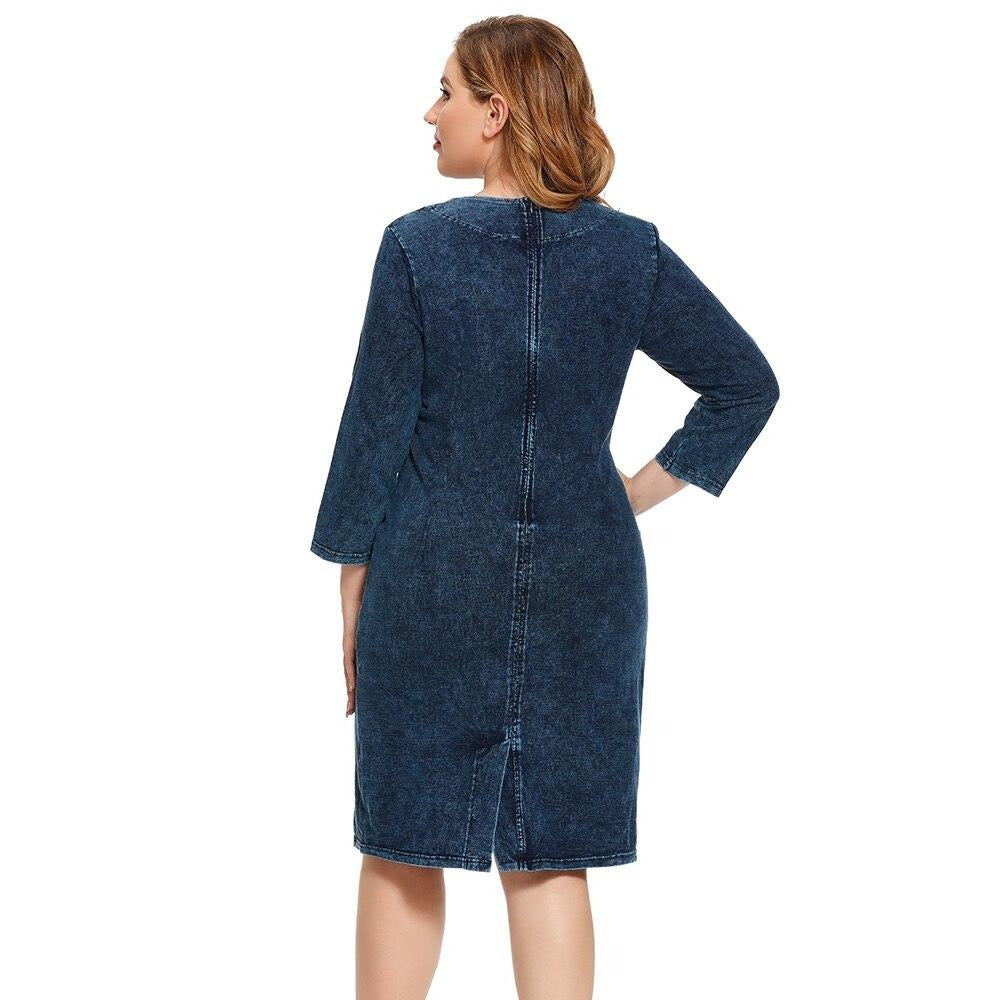 Women's plus size slim fit knee-length knitted denim dress with three-quarter sleeves and O-neckline — view 5