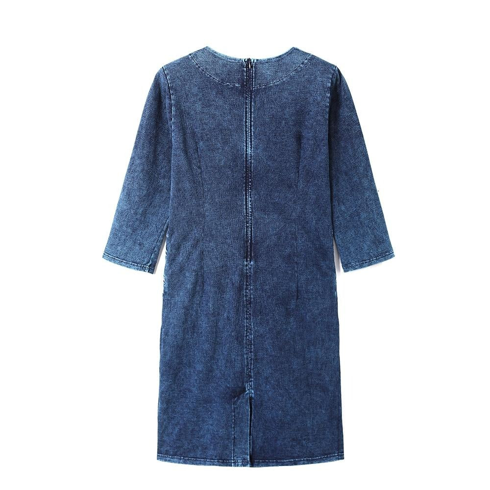 Women's plus size slim fit knee-length knitted denim dress with three-quarter sleeves and O-neckline — view 2