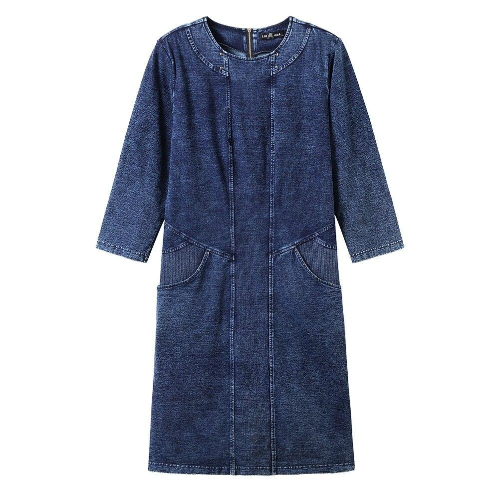 Women's plus size denim dress with three quarter sleeves, knee length and straight casual fit