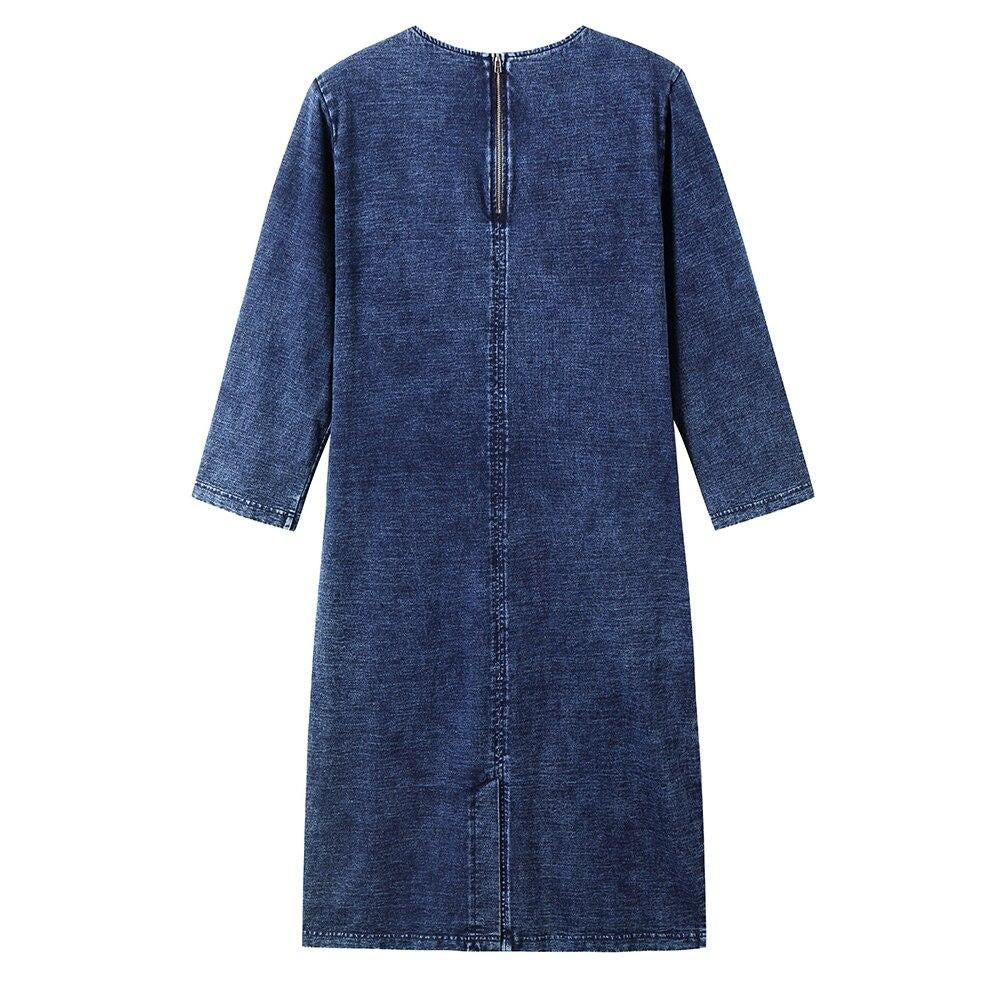 Women's plus size denim dress with three quarter sleeves, knee length and straight casual fit — view 2
