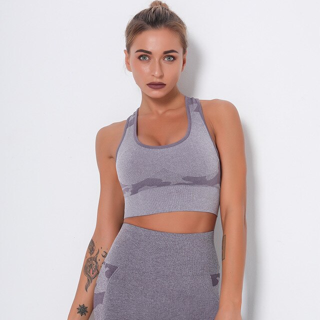Camouflage sports bra for women, shockproof padded athletic workout top in breathable seamless fabric — view 3