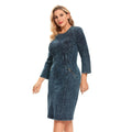 Women's plus size stretch denim knee-length midi dress with three-quarter sleeves and practical pockets