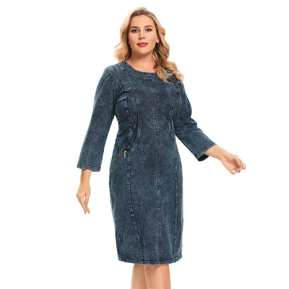 Women's plus size stretch denim knee-length midi dress with three-quarter sleeves and practical pockets — view 4