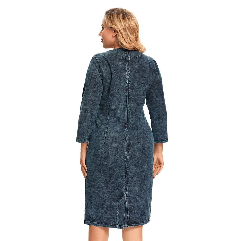 Women's plus size stretch denim knee-length midi dress with three-quarter sleeves and practical pockets — view 3