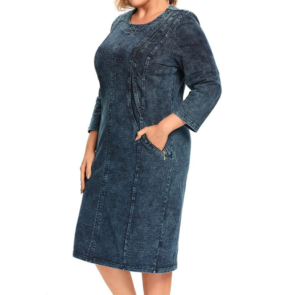 Women's plus size stretch denim knee-length midi dress with three-quarter sleeves and practical pockets — view 5