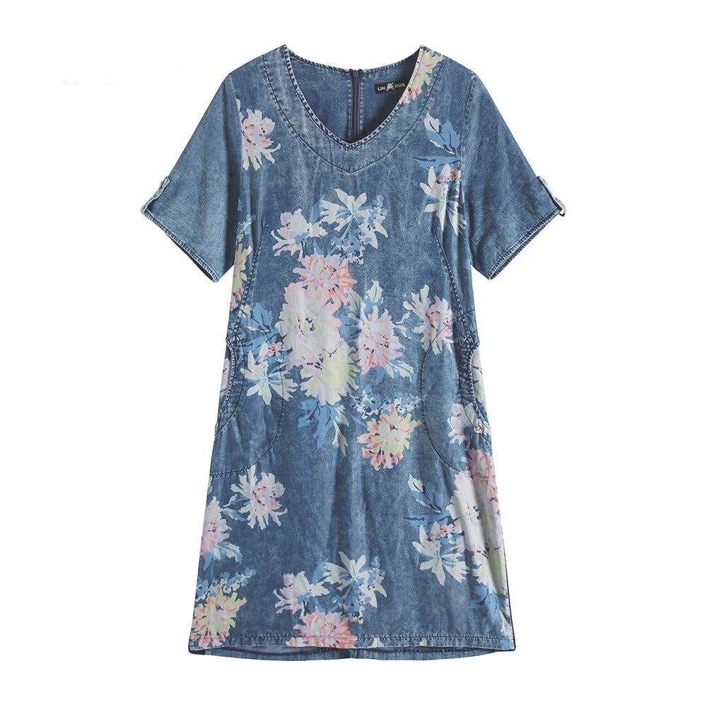 Womens plus size knee length woven denim dress with short sleeves and floral print