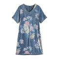 Womens plus size knee length woven denim dress with short sleeves and floral print