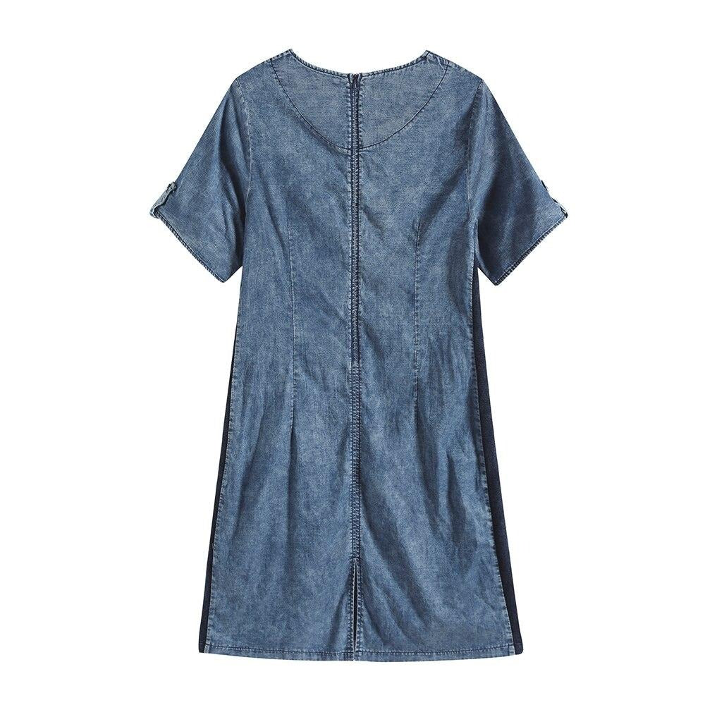 Womens plus size knee length woven denim dress with short sleeves and floral print — view 2