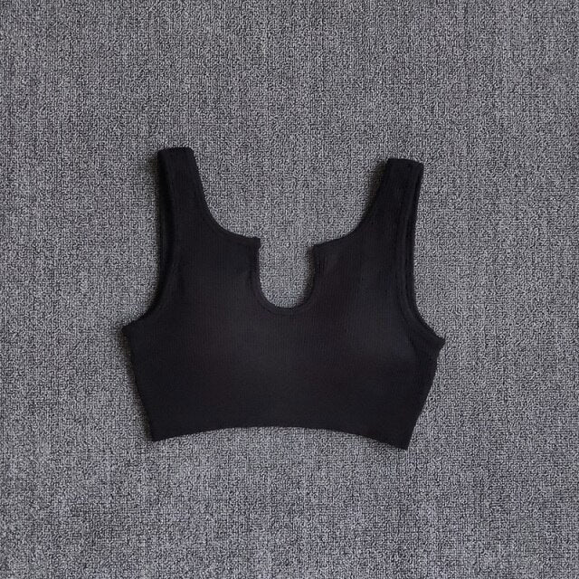 Seamless women's nylon sports bra crop top in various earthy colors with push up padding — view 4