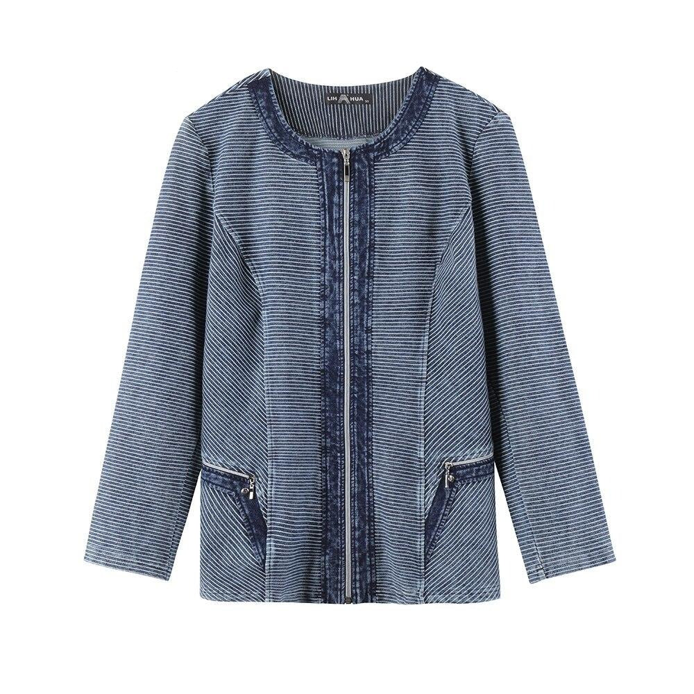 Womens plus size casual knitted stretch denim jacket with shoulder pads and zipper closure