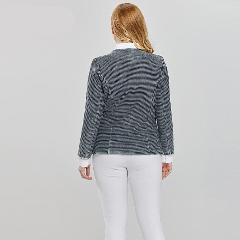 Womens plus size casual knitted stretch denim jacket with shoulder pads and zipper closure — view 5