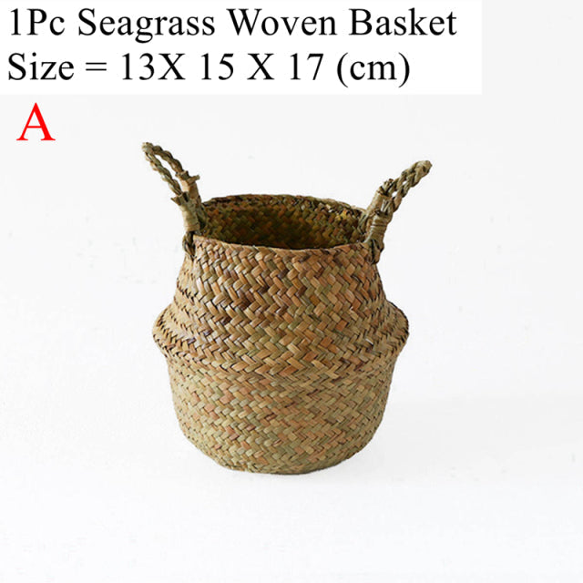 Handmade natural seagrass storage basket with sturdy handles functioning as a woven plant pot cover — view 5
