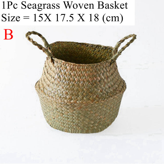 Handmade natural seagrass storage basket with sturdy handles functioning as a woven plant pot cover — view 3
