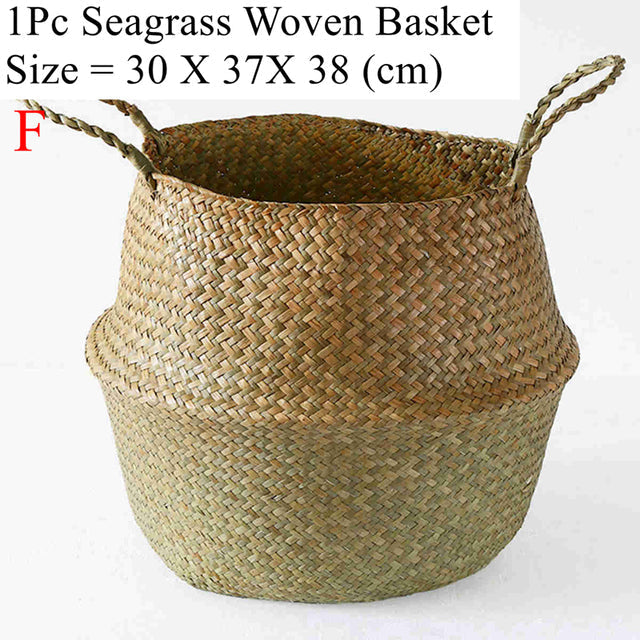 Handmade natural seagrass storage basket with sturdy handles functioning as a woven plant pot cover — view 4