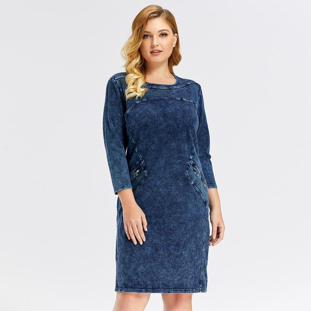 Women's plus size knee-length stretch denim midi dress with three-quarter sleeves and classic crew neckline