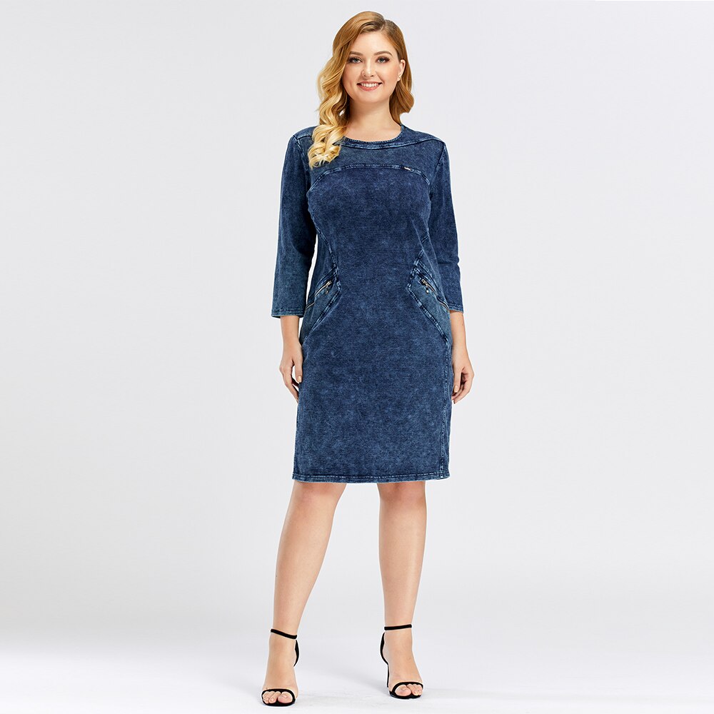 Women's plus size knee-length stretch denim midi dress with three-quarter sleeves and classic crew neckline — view 2