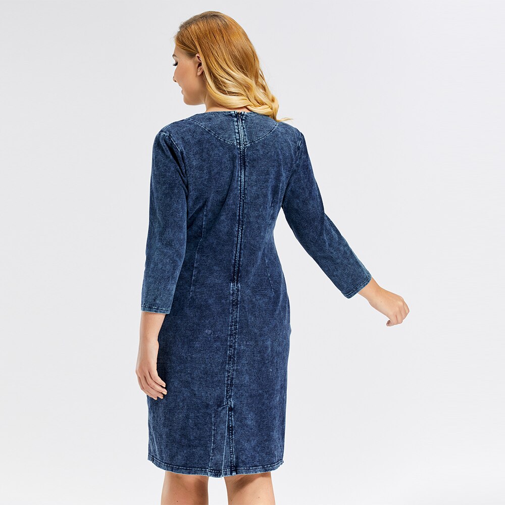 Women's plus size knee-length stretch denim midi dress with three-quarter sleeves and classic crew neckline — view 3