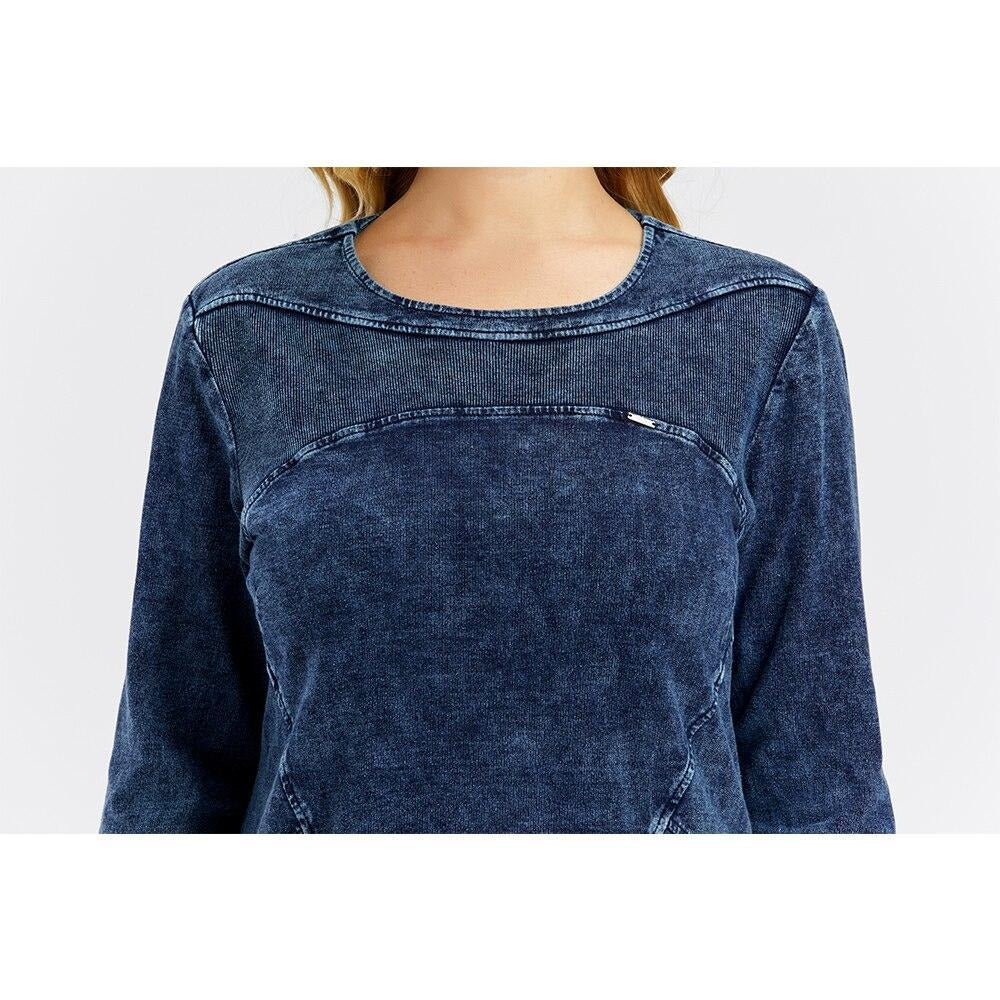 Women's plus size knee-length stretch denim midi dress with three-quarter sleeves and classic crew neckline — view 4
