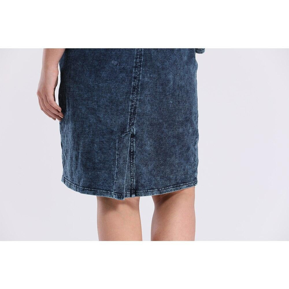Women's plus size knee-length stretch denim midi dress with three-quarter sleeves and classic crew neckline — view 5