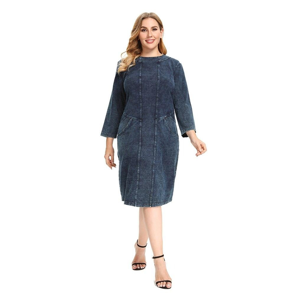 Women's plus size knitted denim midi dress with shoulder pads and three quarter sleeves