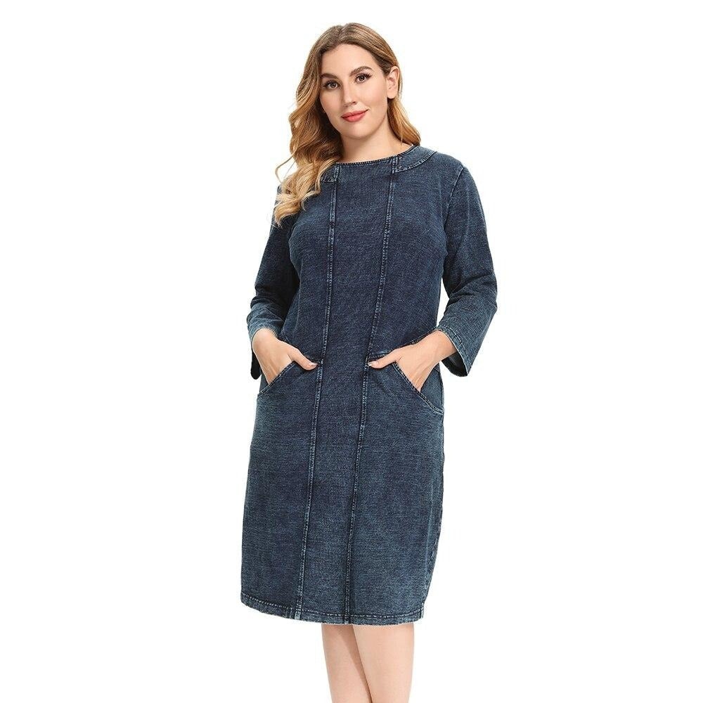 Women's plus size knitted denim midi dress with shoulder pads and three quarter sleeves — view 3