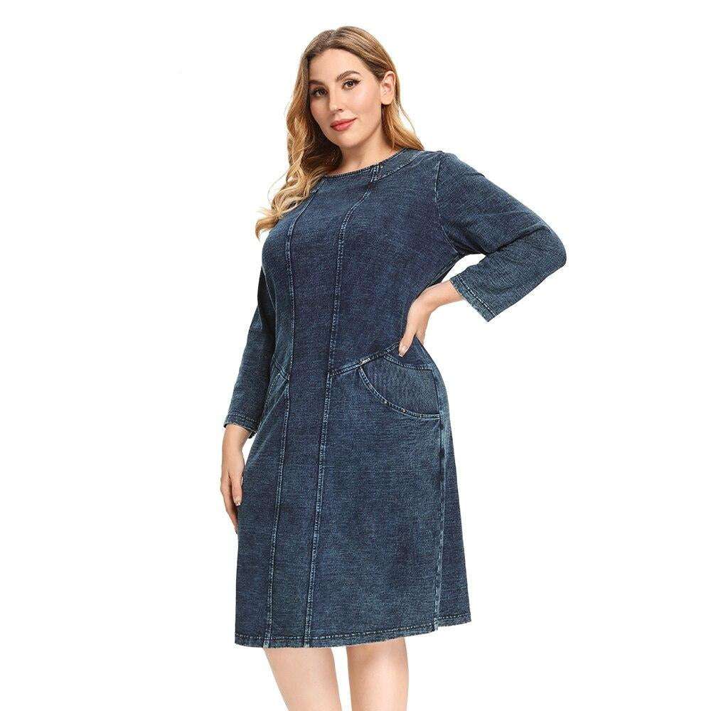 Women's plus size knitted denim midi dress with shoulder pads and three quarter sleeves — view 5