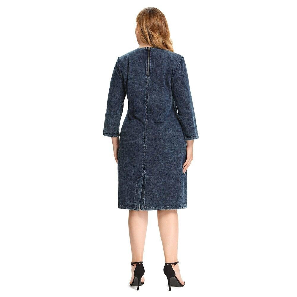 Women's plus size knitted denim midi dress with shoulder pads and three quarter sleeves — view 2