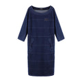 Plus size knitted denim midi dress with shoulder pads and slim fit silhouette for women