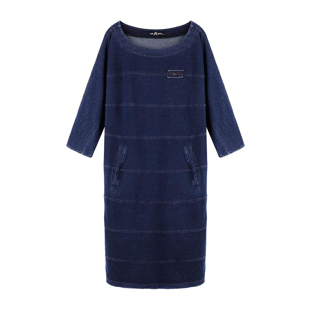 Plus size knitted denim midi dress with shoulder pads and slim fit silhouette for women