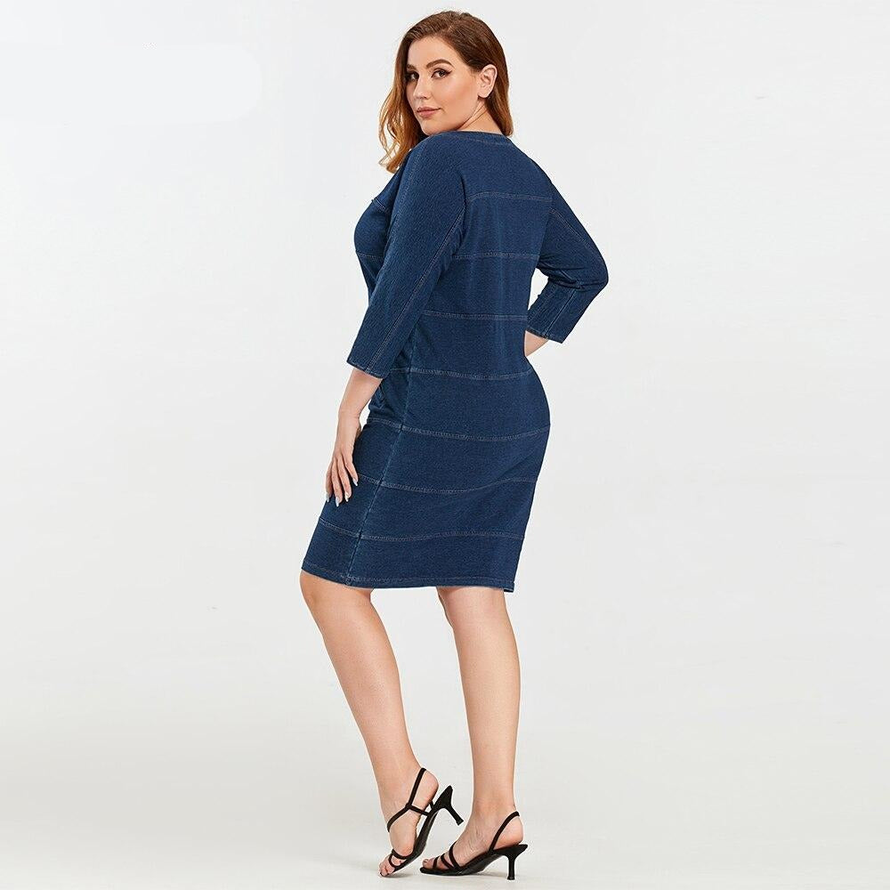 Plus size knitted denim midi dress with shoulder pads and slim fit silhouette for women — view 4