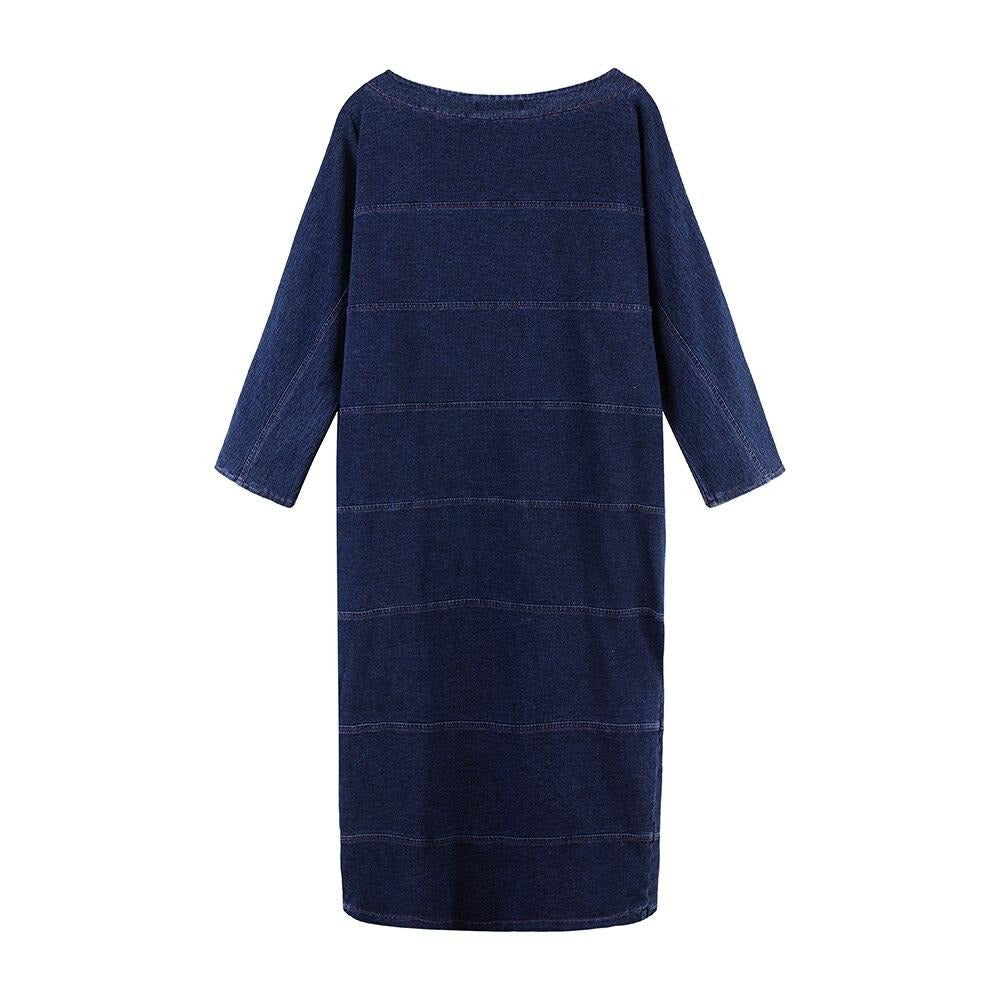 Plus size knitted denim midi dress with shoulder pads and slim fit silhouette for women — view 2