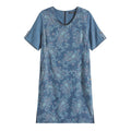 Plus size printed denim dress with V-neck, three-quarter sleeves, and front pockets.