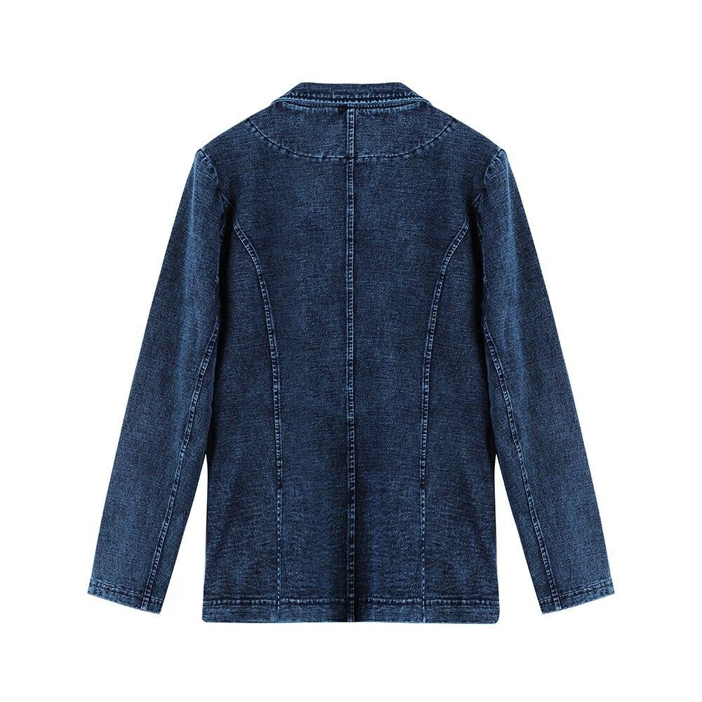 Plus size premium stretch denim jacket for women with V-neck, pockets, and single breasted closure — view 5