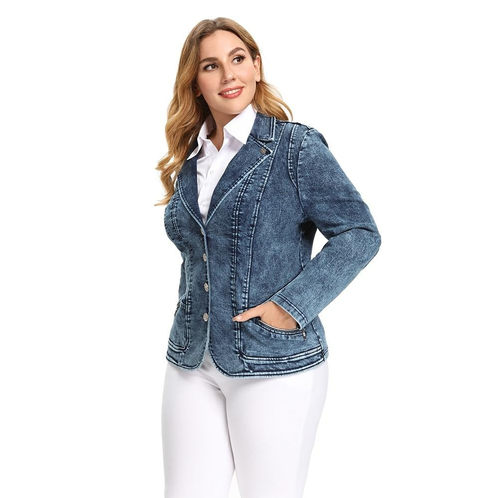 Plus size tailored cotton knit business jacket with v-neck, pockets, and single-breasted closure
