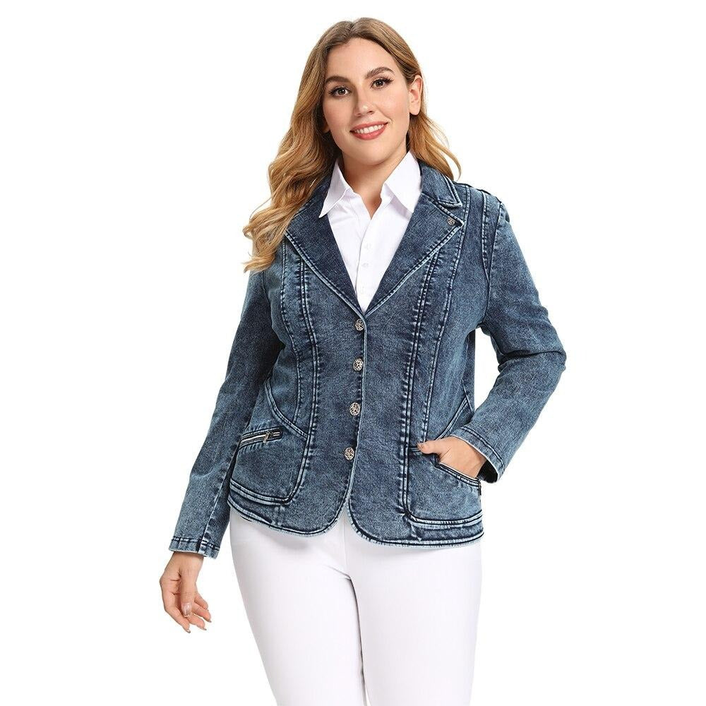 Plus size tailored cotton knit business jacket with v-neck, pockets, and single-breasted closure — view 2