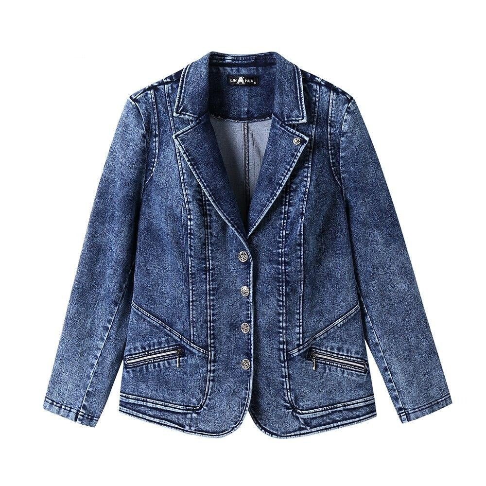 Plus size tailored cotton knit business jacket with v-neck, pockets, and single-breasted closure — view 5