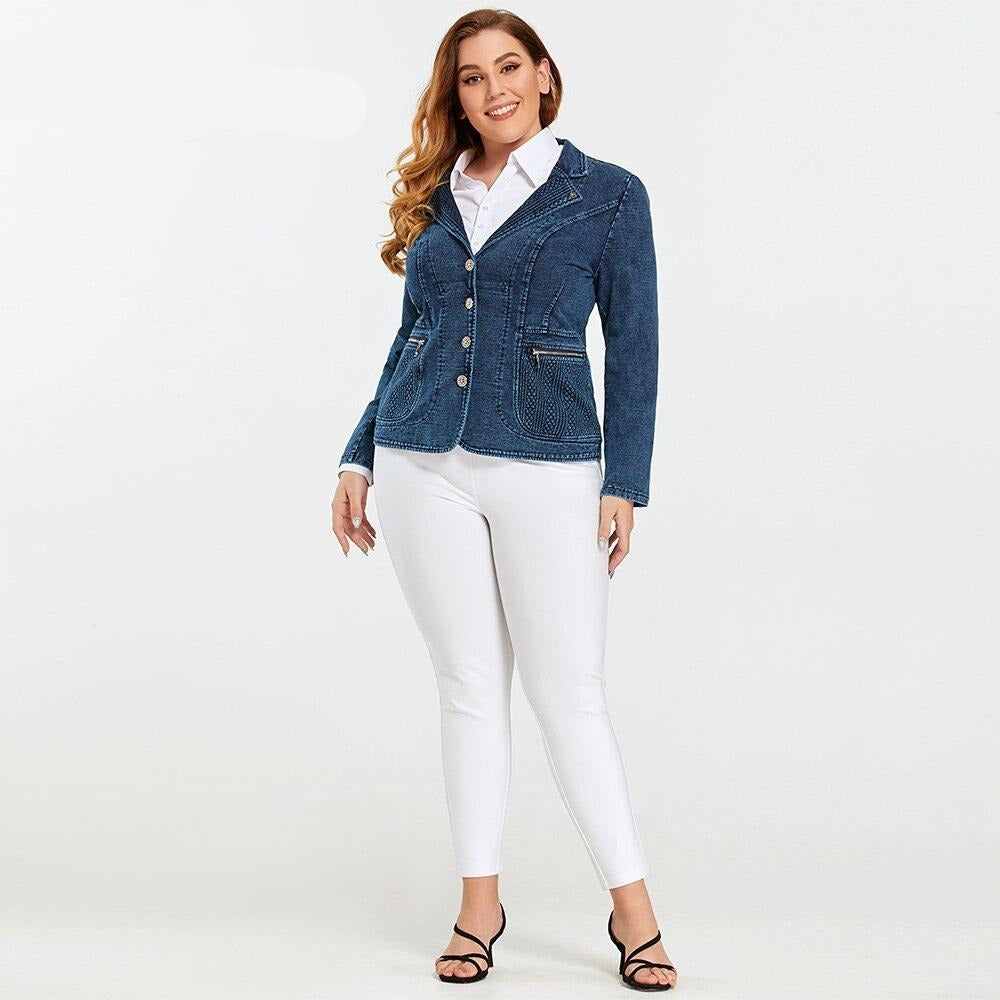 Women's plus size tailored cotton knit jacket with v-neck pockets and single-breasted front closure — view 4
