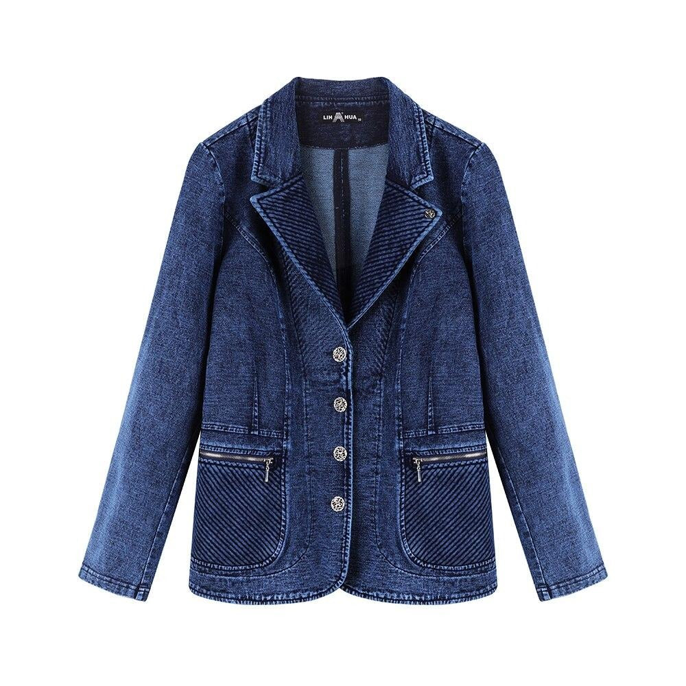 Women's plus size tailored cotton knit jacket with v-neck pockets and single-breasted front closure — view 3