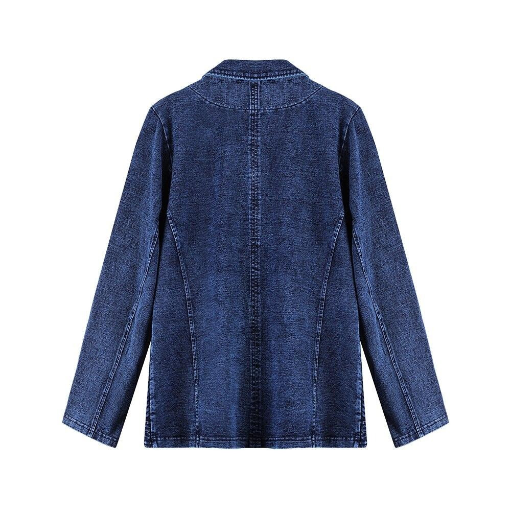 Women's plus size tailored cotton knit jacket with v-neck pockets and single-breasted front closure — view 2