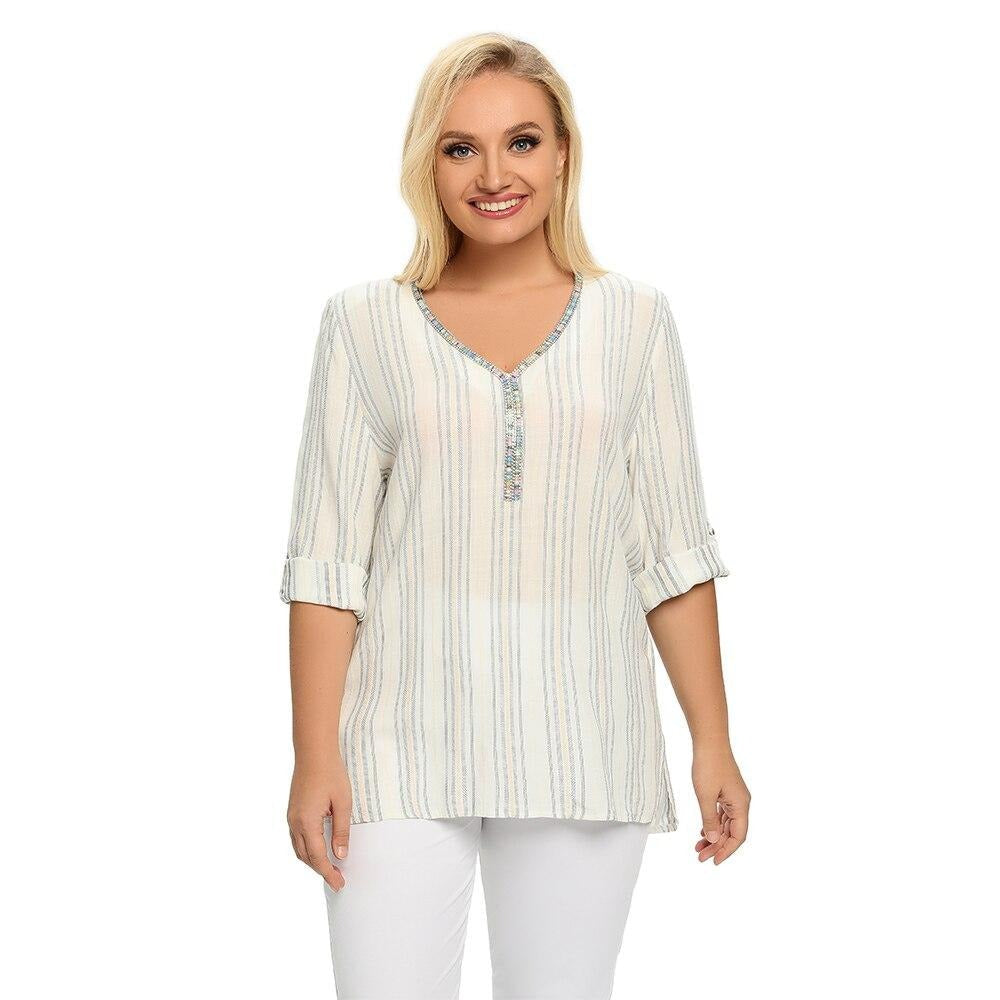 Women's plus size striped cotton top with long sleeves and a sparkly sequined V-neck design