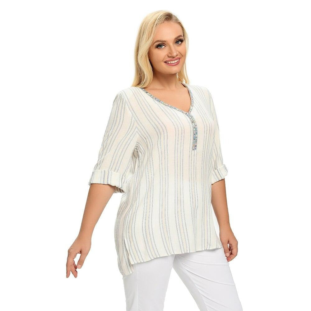 Women's plus size striped cotton top with long sleeves and a sparkly sequined V-neck design — view 2
