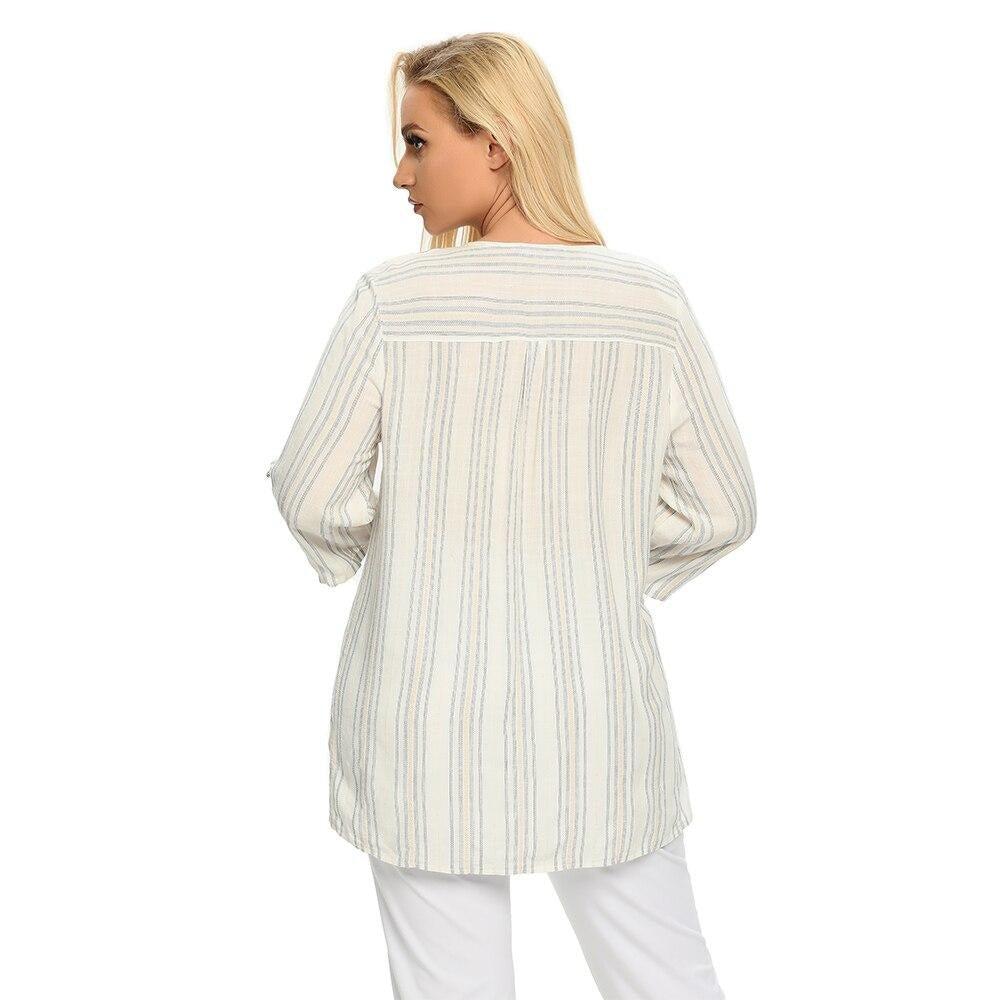 Women's plus size striped cotton top with long sleeves and a sparkly sequined V-neck design — view 3